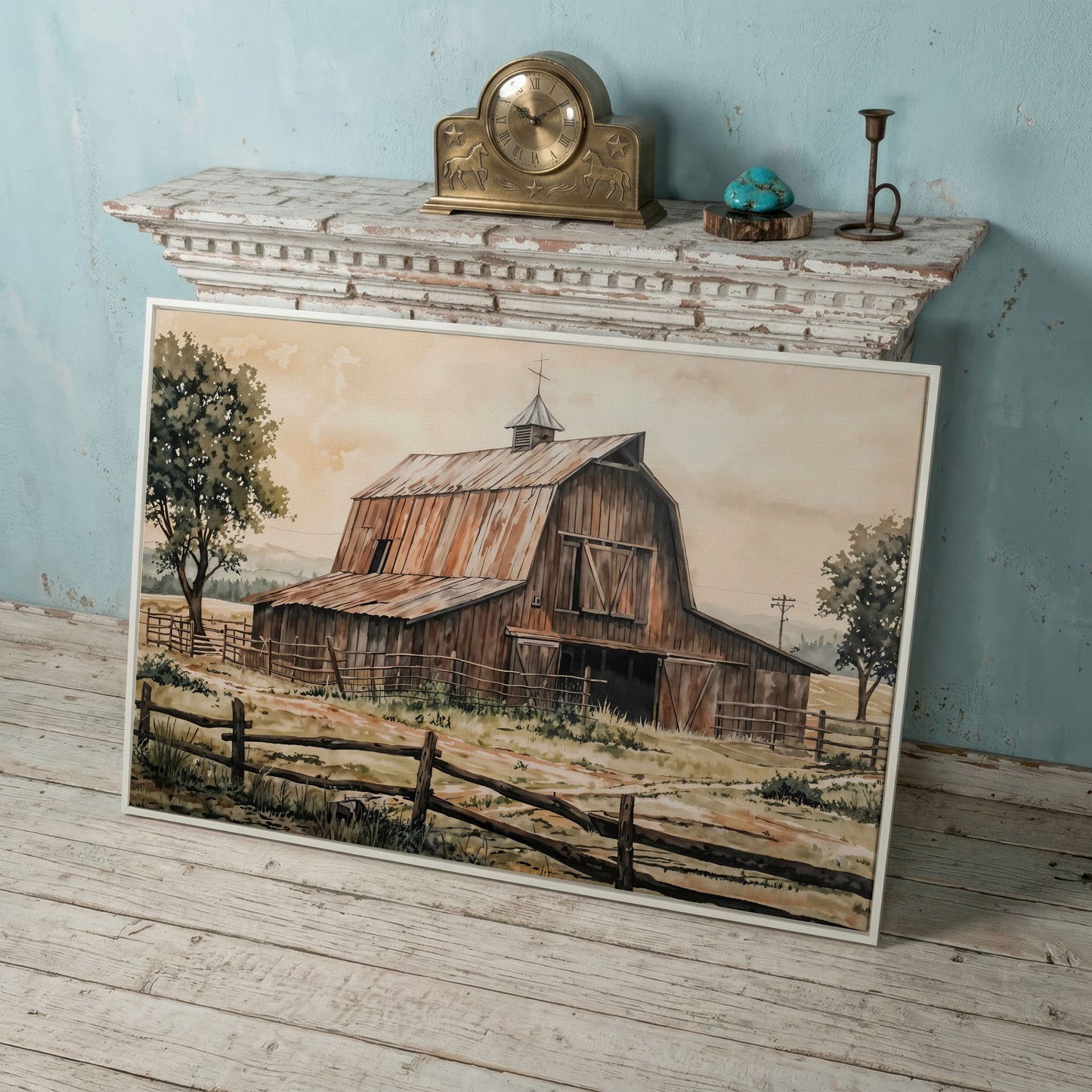 Rustic Barn in Rolling Fields Canvas in white floating frame