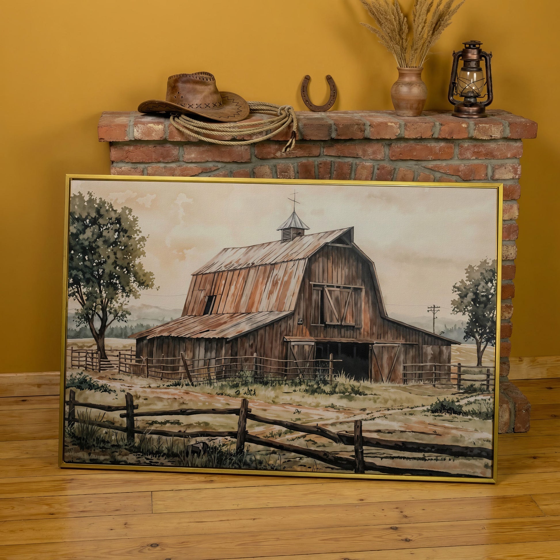Rustic Barn in Rolling Fields Canvas in yellow gold floating frame