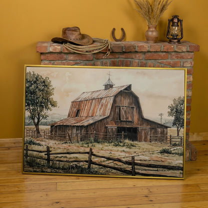 Rustic Barn in Rolling Fields Canvas in yellow gold floating frame