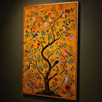 Birds and Flower Tree Canvas Wall Art shown in antique gold floating frame
