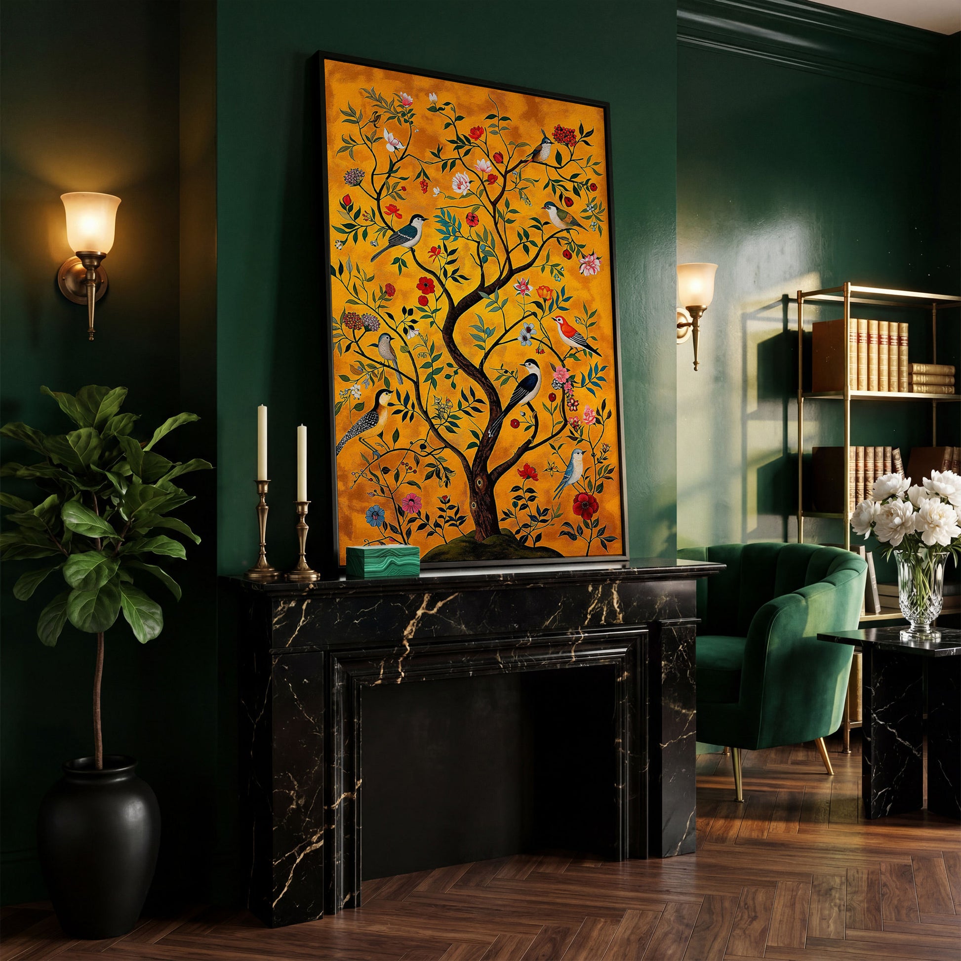 Birds and Flower Tree Canvas Wall Art in black floating frame