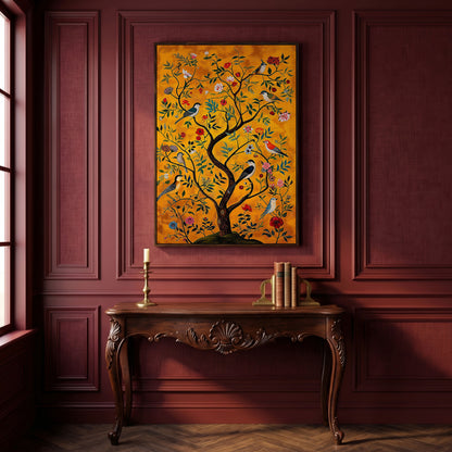 Birds and Flower Tree Canvas Wall Art in dark walnut floating frame