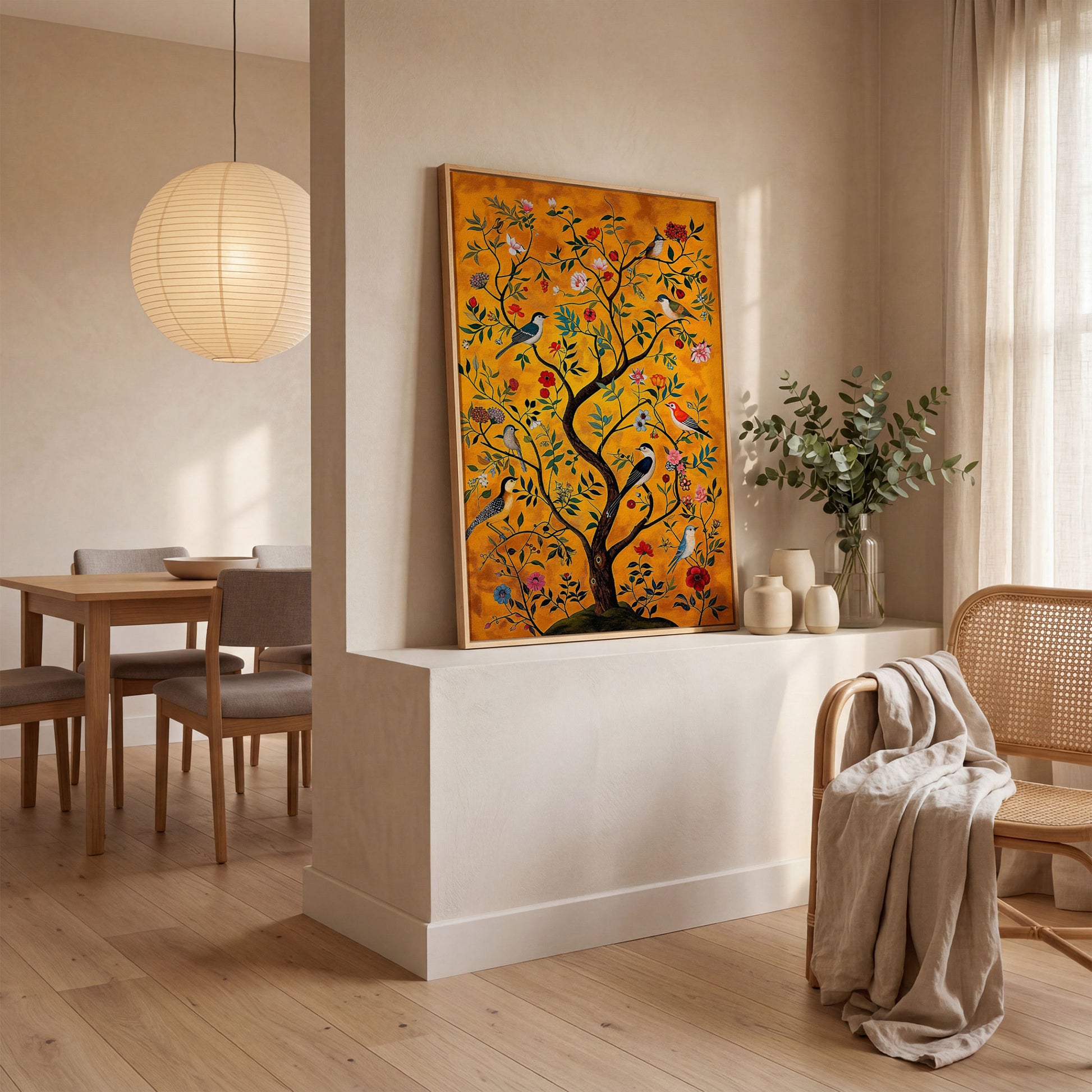 Birds and Flower Tree Canvas Wall Art in white oak floating frame