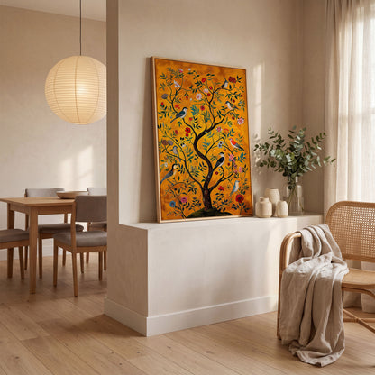 Birds and Flower Tree Canvas Wall Art in white oak floating frame