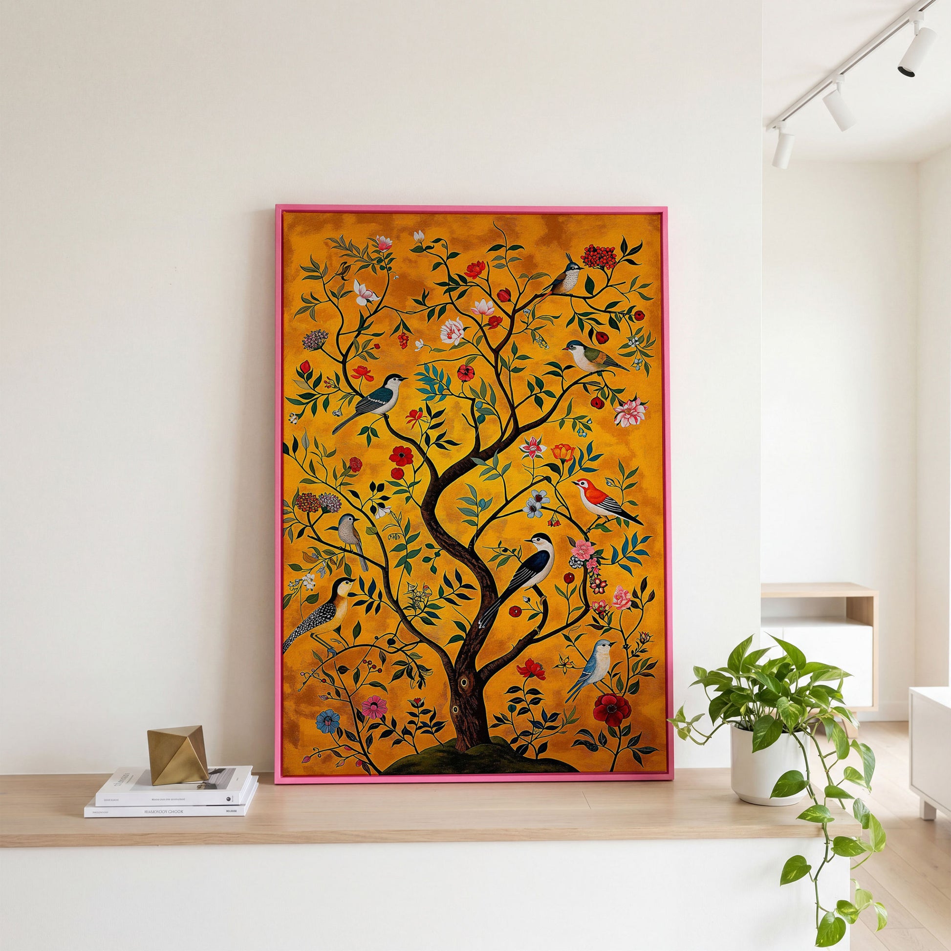 Birds and Flower Tree Canvas Wall Art in pink floating frame