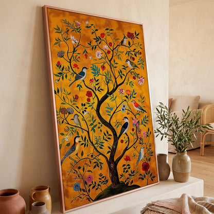 Birds and Flower Tree Canvas Wall Art in rose gold floating frame