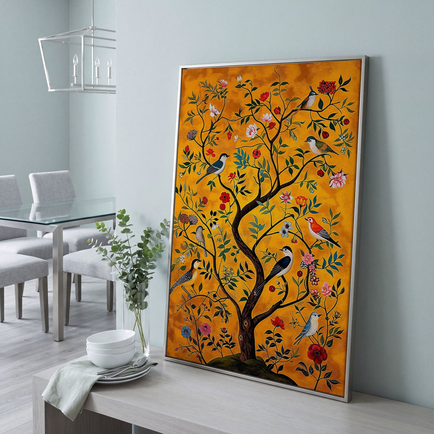 Birds and Flower Tree Canvas Wall Art in silver floating frame