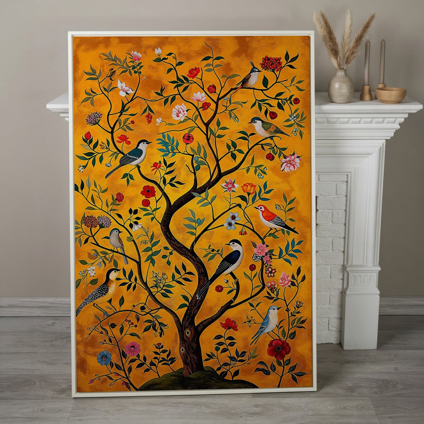 Birds and Flower Tree Canvas Wall Art in white floating frame