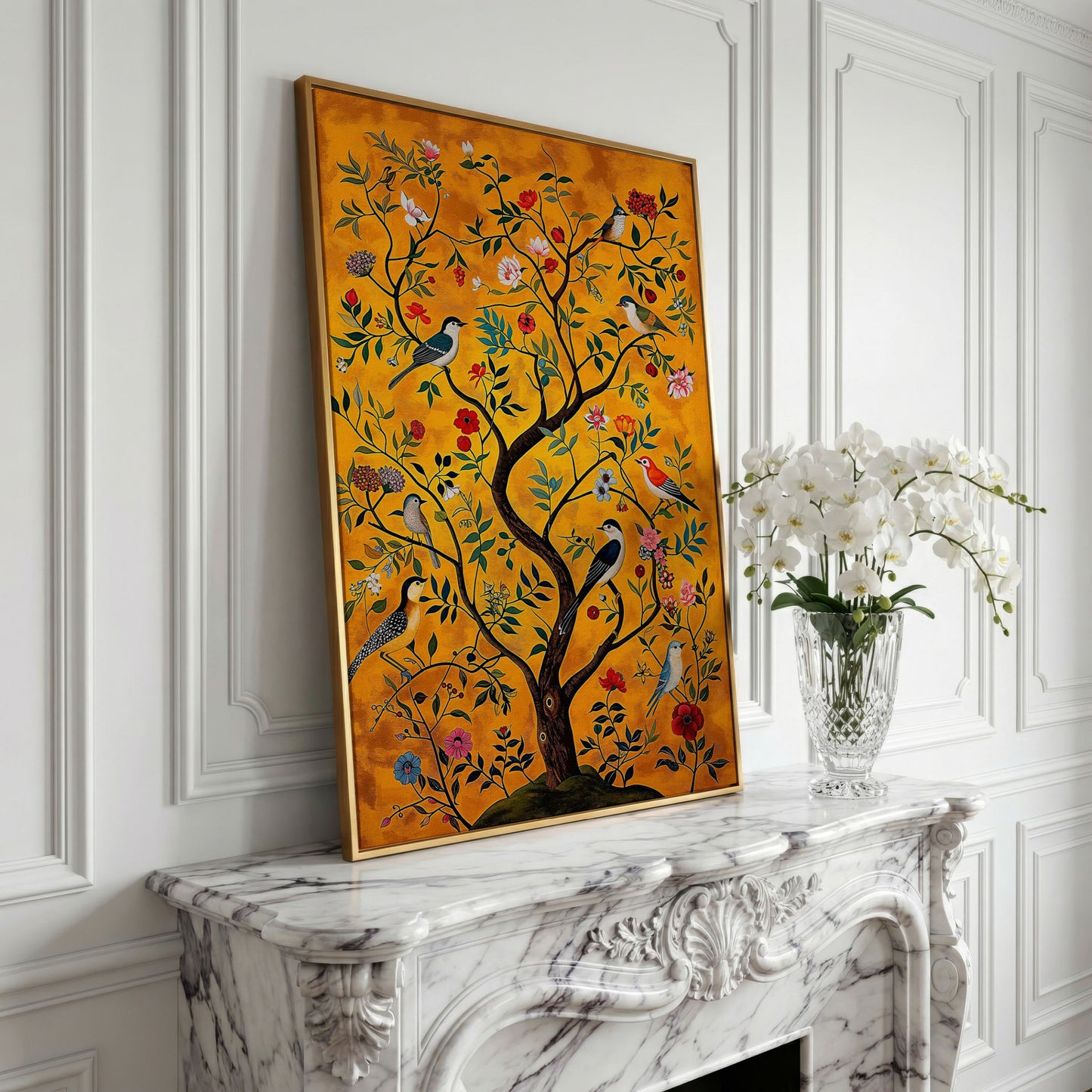 Birds and Flower Tree Canvas Wall Art in yellow gold floating frame