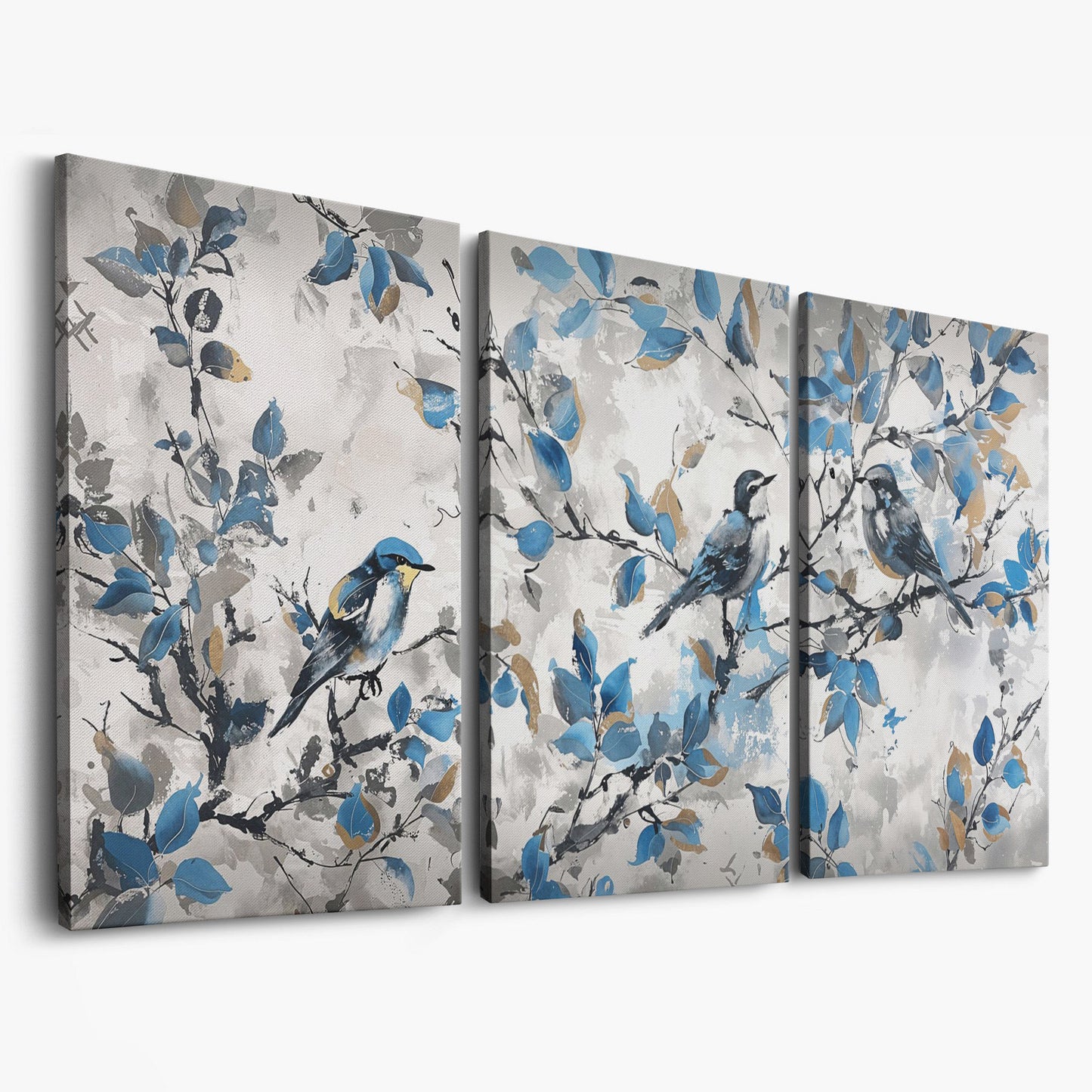 Three Birds with Blue Leaves Canvas Print as 3-panel split version