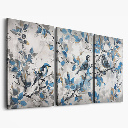Three Birds with Blue Leaves Canvas Print as 3-panel split version