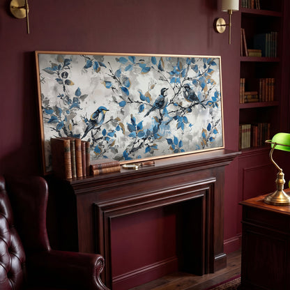 Three Birds with Blue Leaves Canvas Print in antique gold floating frame