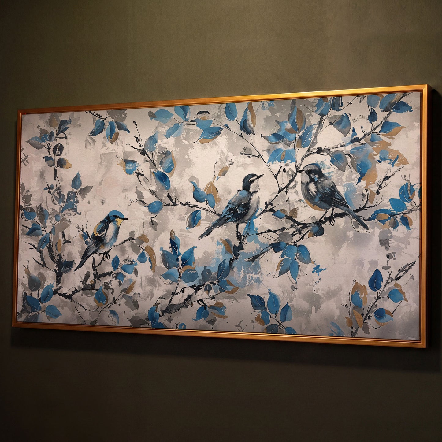 Three Birds with Blue Leaves Canvas Print shown in antique gold floating frame