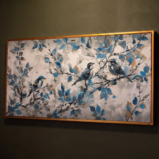 Three Birds with Blue Leaves Canvas Print shown in antique gold floating frame