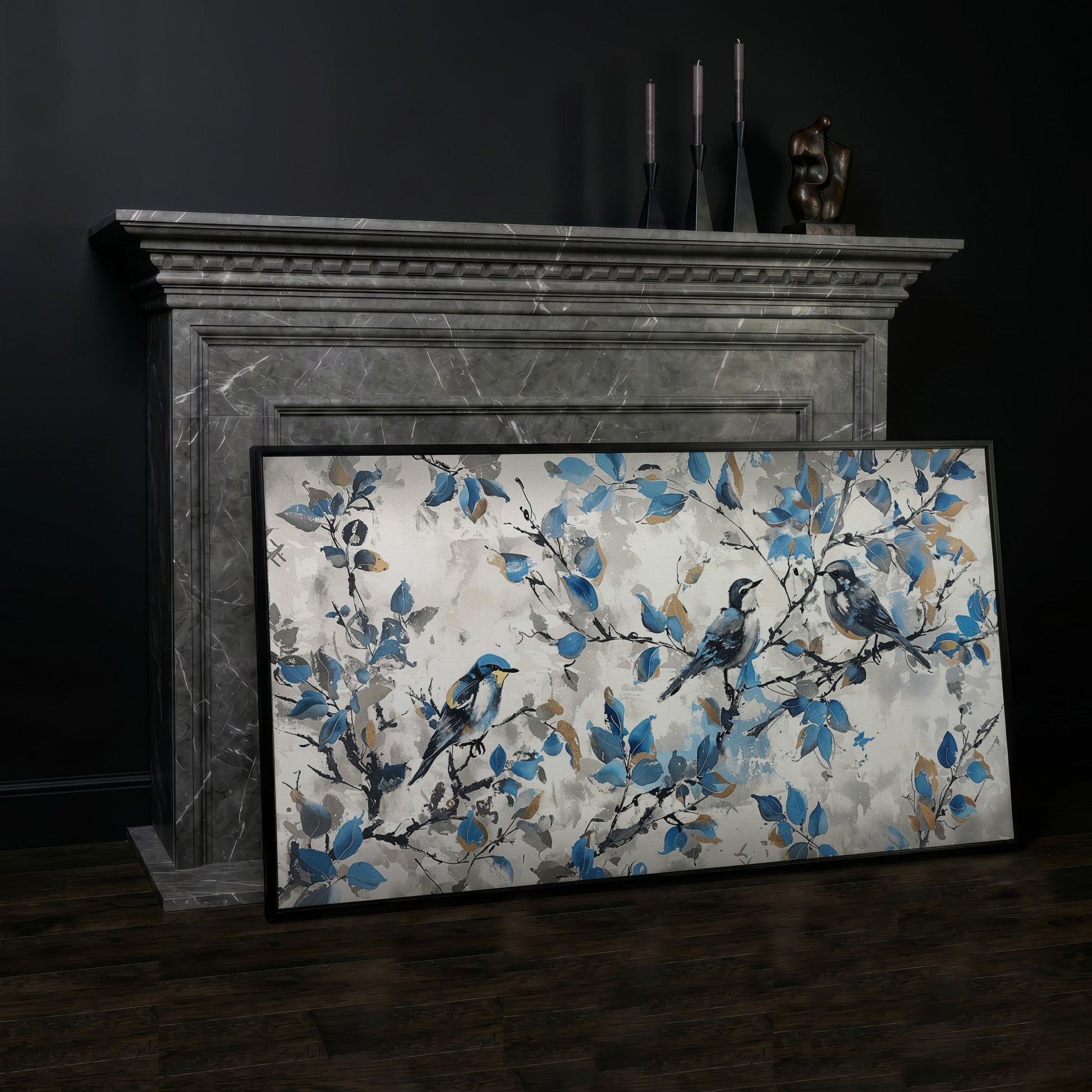 Three Birds with Blue Leaves Canvas Print in black floating frame