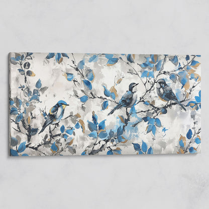 Three Birds with Blue Leaves Canvas Print on gallery wrap
