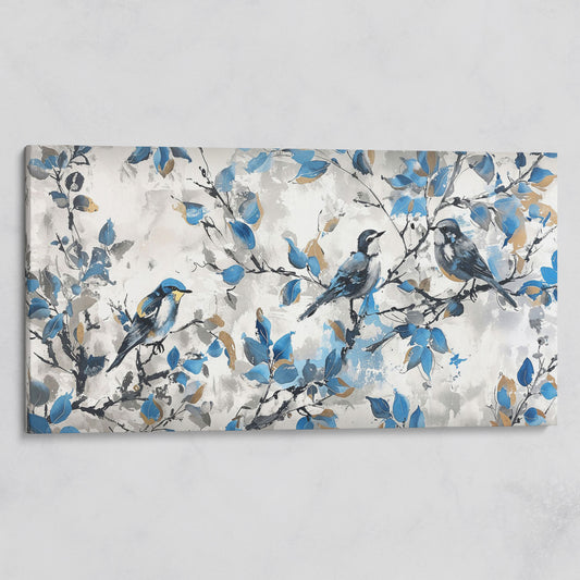 Three Birds with Blue Leaves Canvas Print on gallery wrap