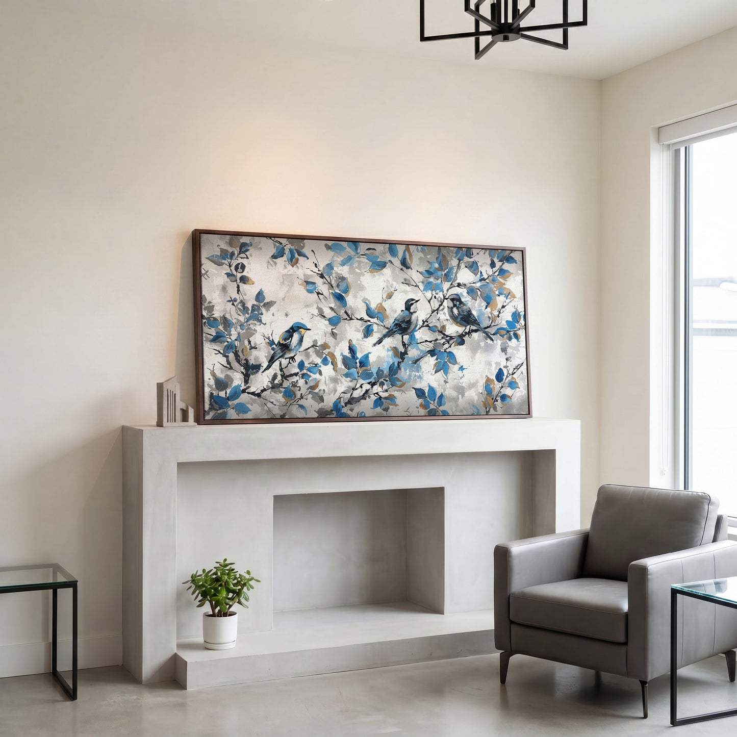 Three Birds with Blue Leaves Canvas Print in dark walnut floating frame