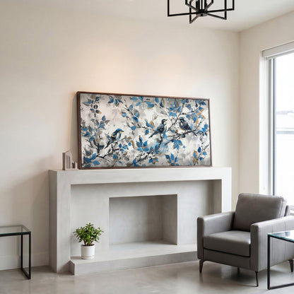 Three Birds with Blue Leaves Canvas Print in dark walnut floating frame