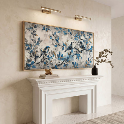 Three Birds with Blue Leaves Canvas Print in white oak floating frame