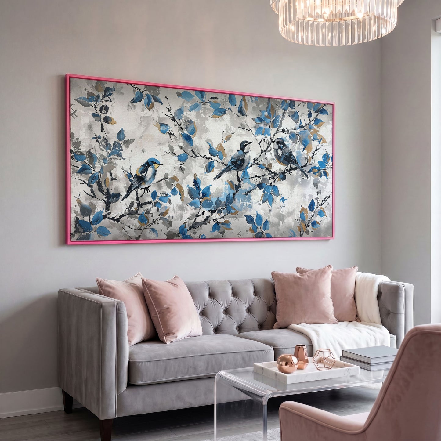 Three Birds with Blue Leaves Canvas Print in pink floating frame