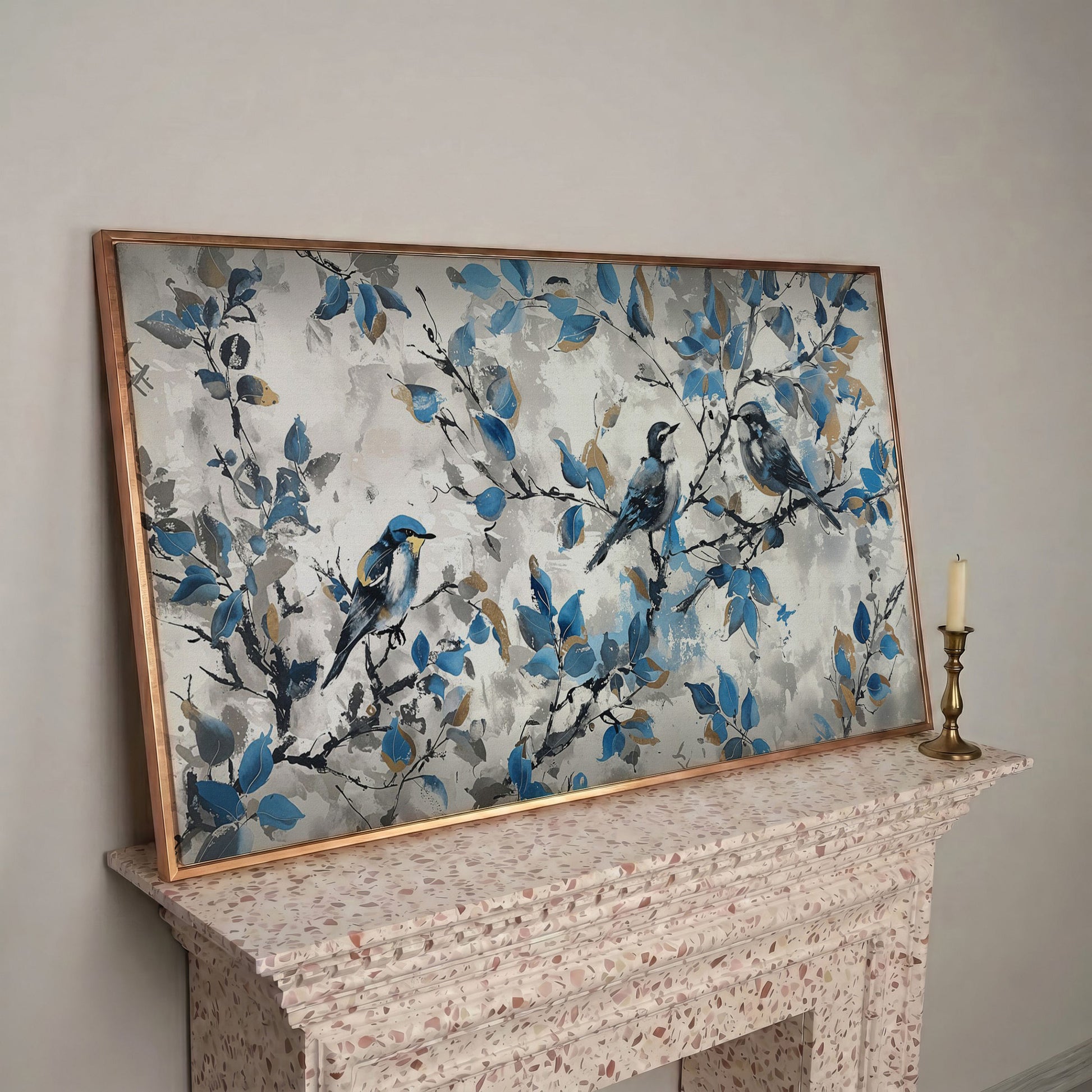 Three Birds with Blue Leaves Canvas Print in rose gold floating frame