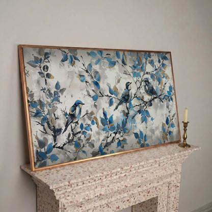 Three Birds with Blue Leaves Canvas Print in rose gold floating frame