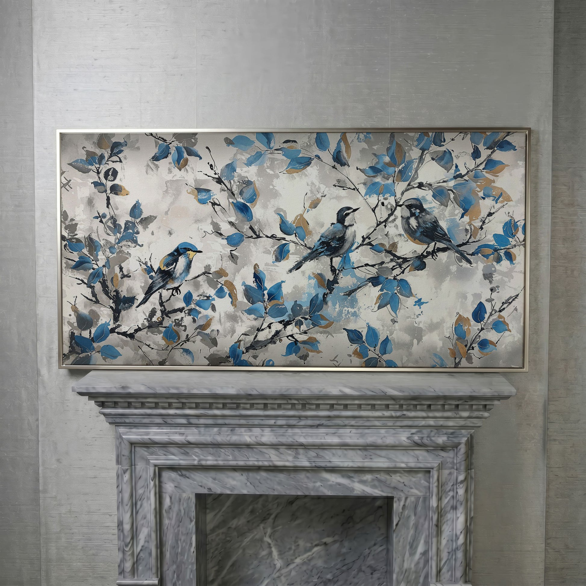 Three Birds with Blue Leaves Canvas Print in silver floating frame
