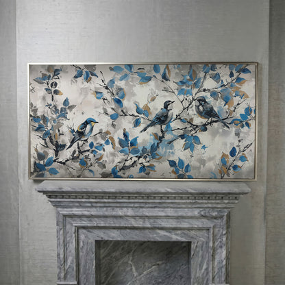 Three Birds with Blue Leaves Canvas Print in silver floating frame