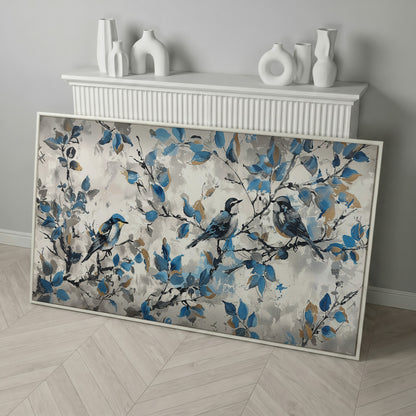 Three Birds with Blue Leaves Canvas Print in white floating frame
