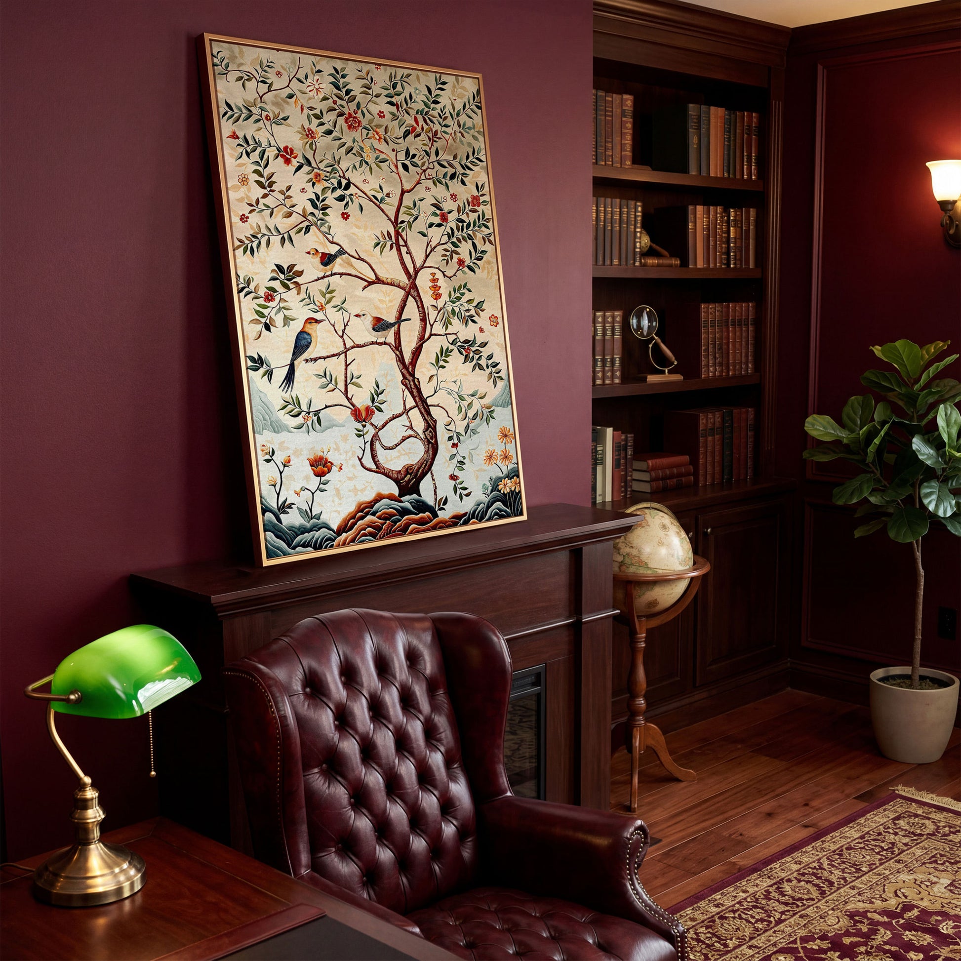 Botanical Garden Canvas with Birds and Foliage in antique gold floating frame
