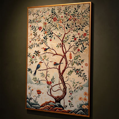 Botanical Garden Canvas with Birds and Foliage shown in antique gold floating frame