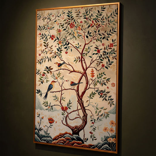 Botanical Garden Canvas with Birds and Foliage shown in antique gold floating frame