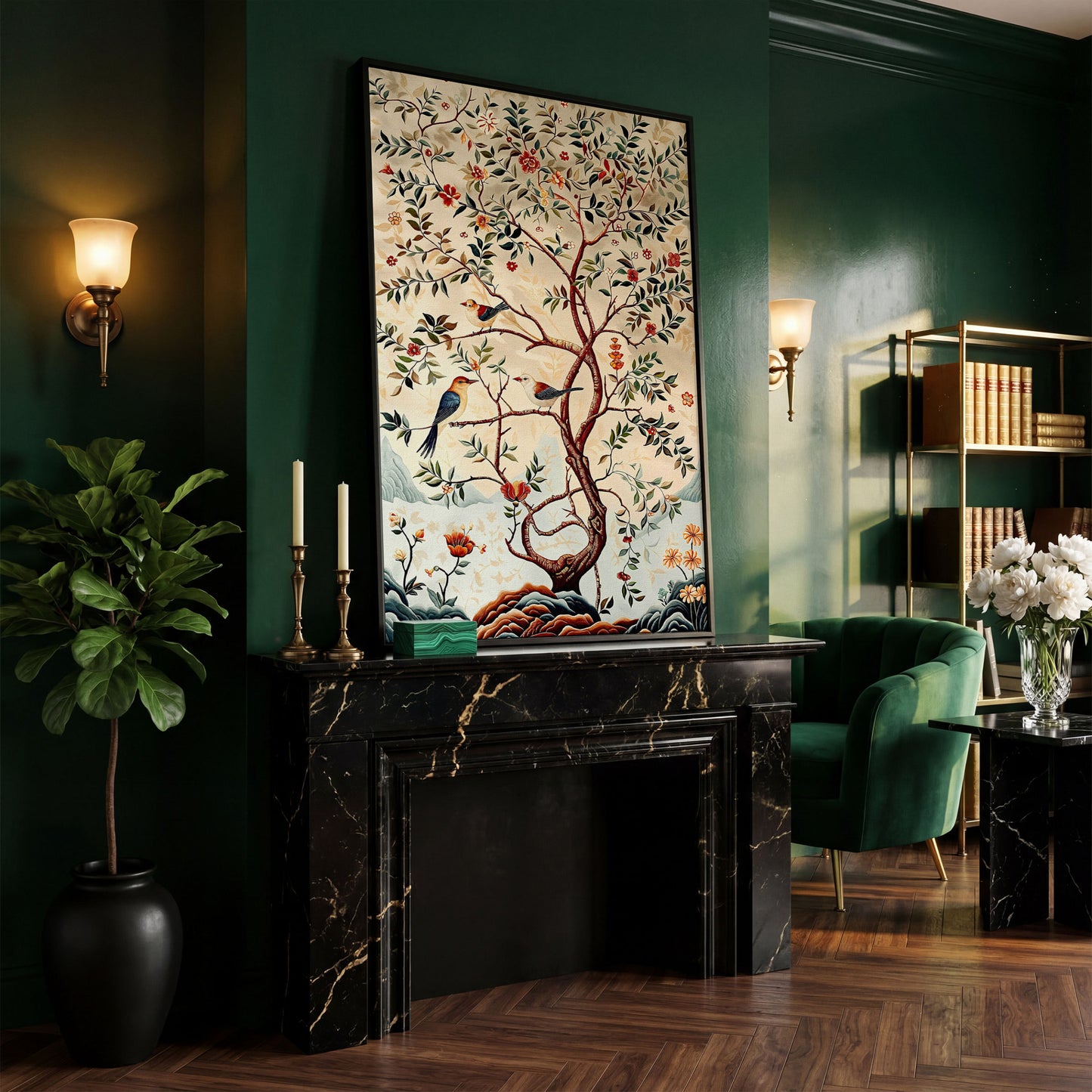 Botanical Garden Canvas with Birds and Foliage in black floating frame