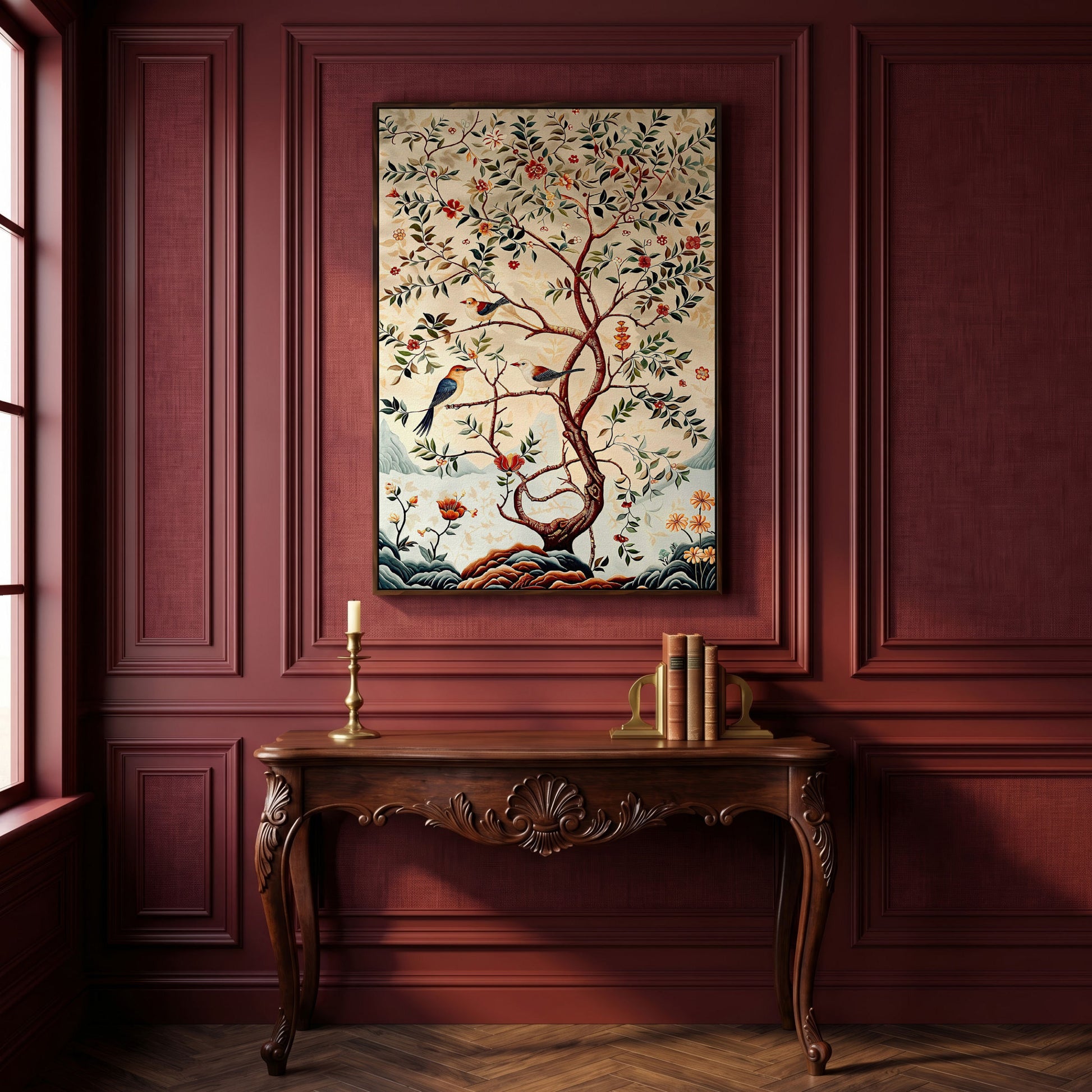 Botanical Garden Canvas with Birds and Foliage in dark walnut floating frame