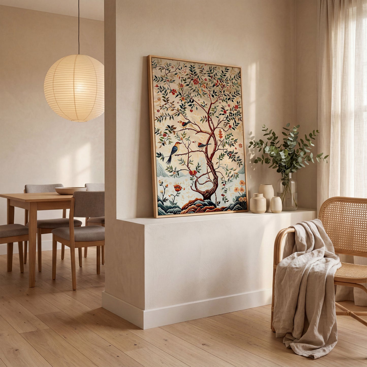 Botanical Garden Canvas with Birds and Foliage in white oak floating frame