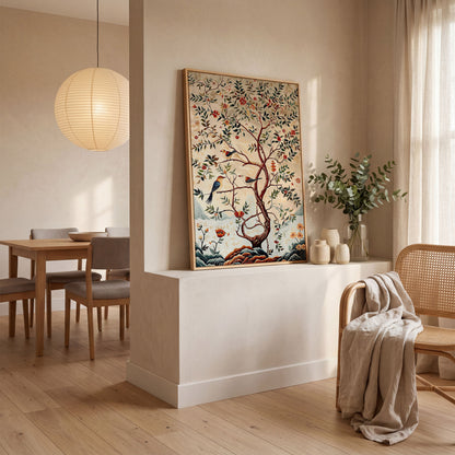 Botanical Garden Canvas with Birds and Foliage in white oak floating frame