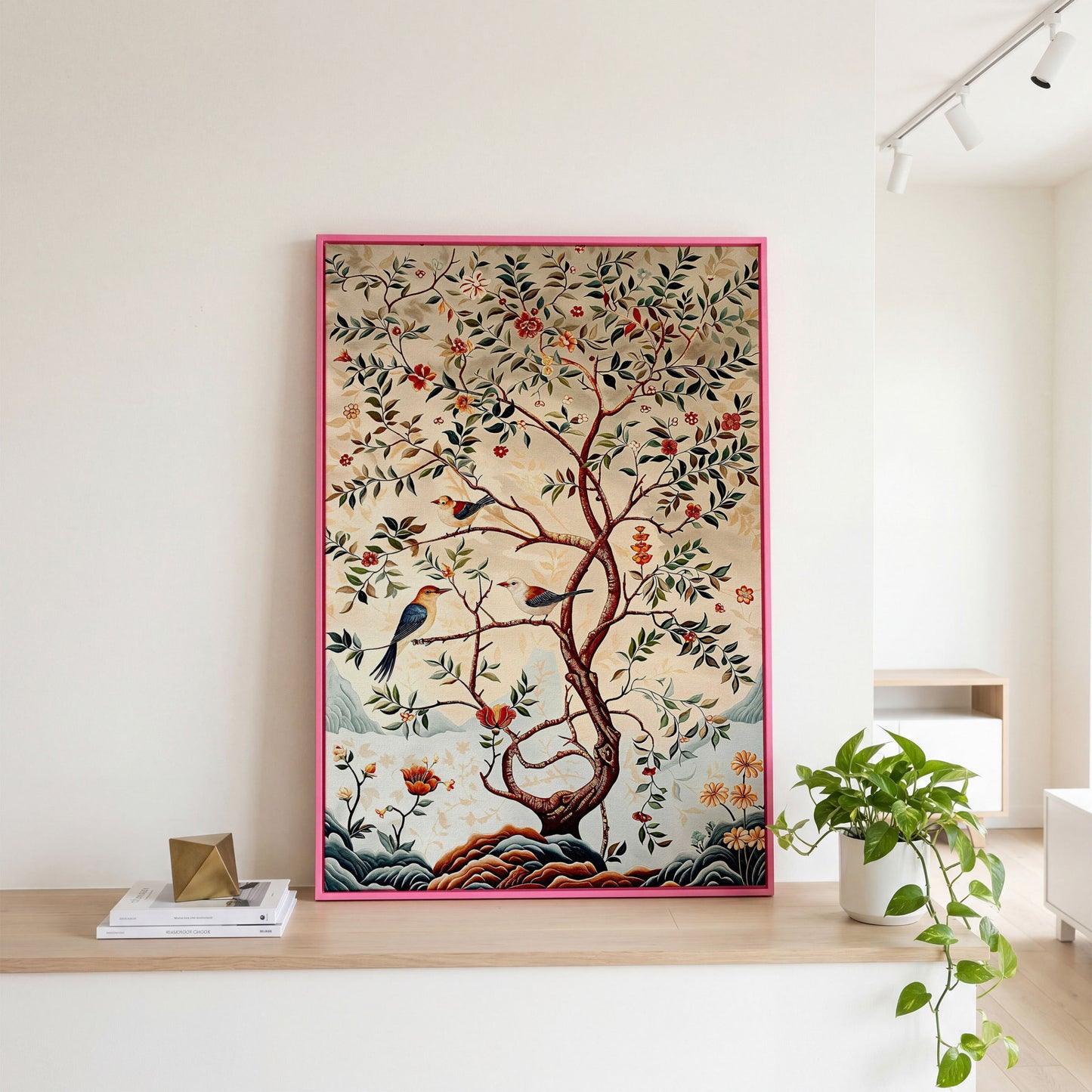 Botanical Garden Canvas with Birds and Foliage in pink floating frame