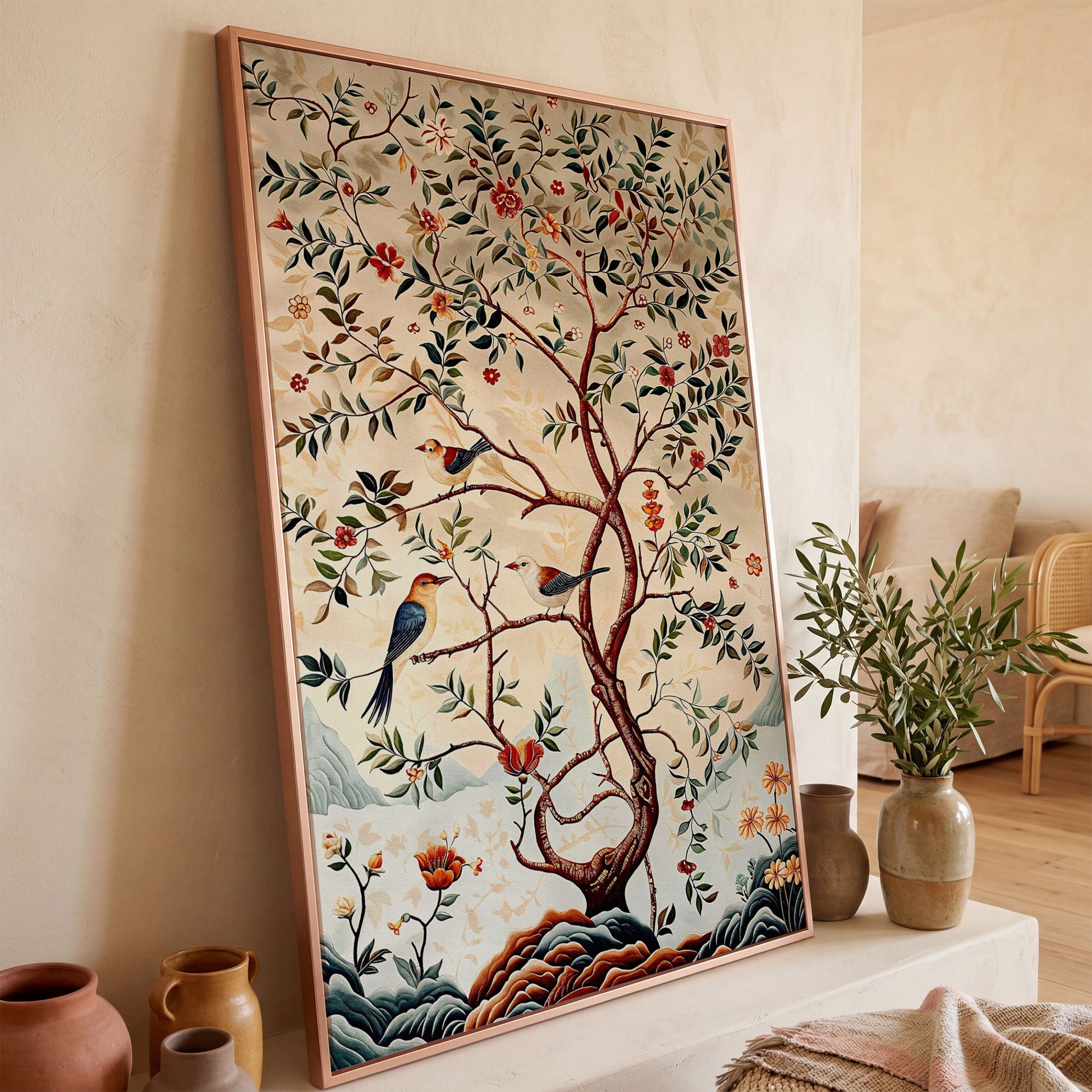 Botanical Garden Canvas with Birds and Foliage in rose gold floating frame