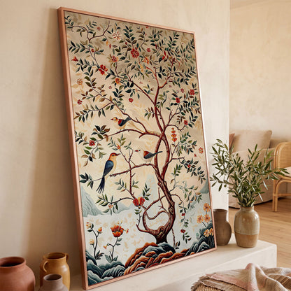 Botanical Garden Canvas with Birds and Foliage in rose gold floating frame