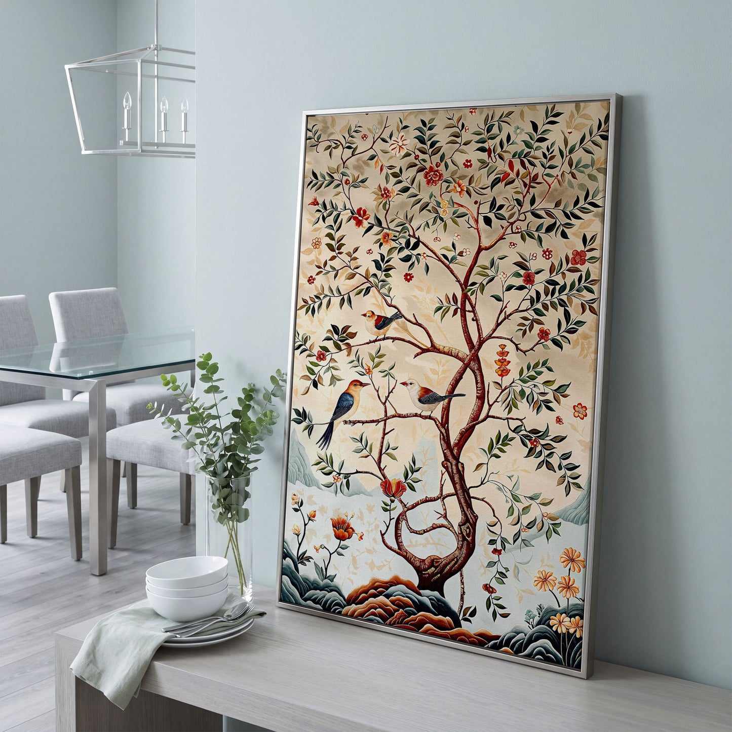 Botanical Garden Canvas with Birds and Foliage in silver floating frame