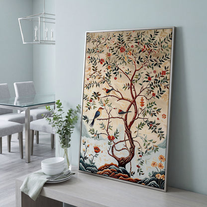 Botanical Garden Canvas with Birds and Foliage in silver floating frame