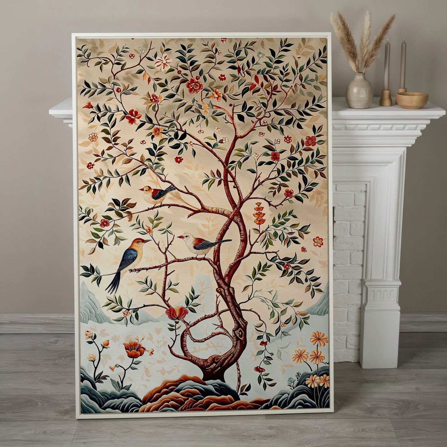 Botanical Garden Canvas with Birds and Foliage in white floating frame