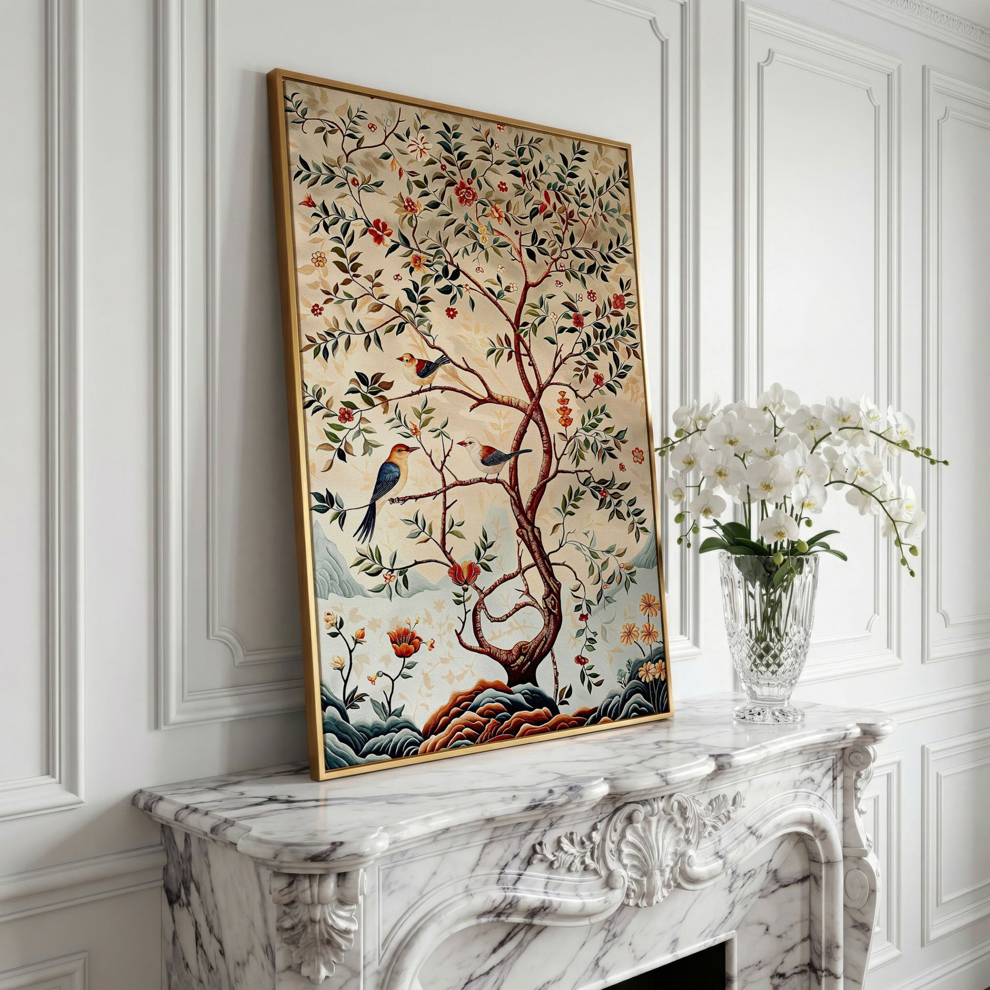 Botanical Garden Canvas with Birds and Foliage in yellow gold floating frame