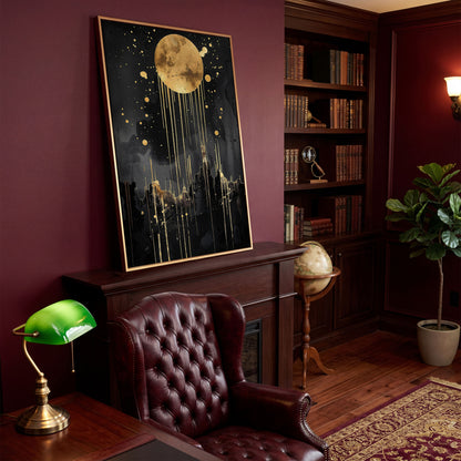 Abstract Gold Moon at Night Canvas Print in antique gold floating frame
