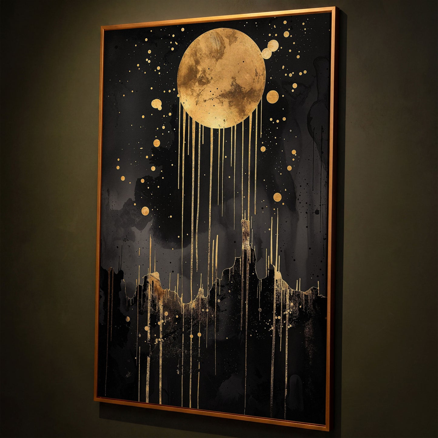 Abstract Gold Moon at Night Canvas Print shown in antique gold floating frame