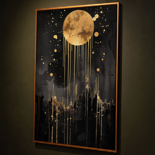 Abstract Gold Moon at Night Canvas Print shown in antique gold floating frame