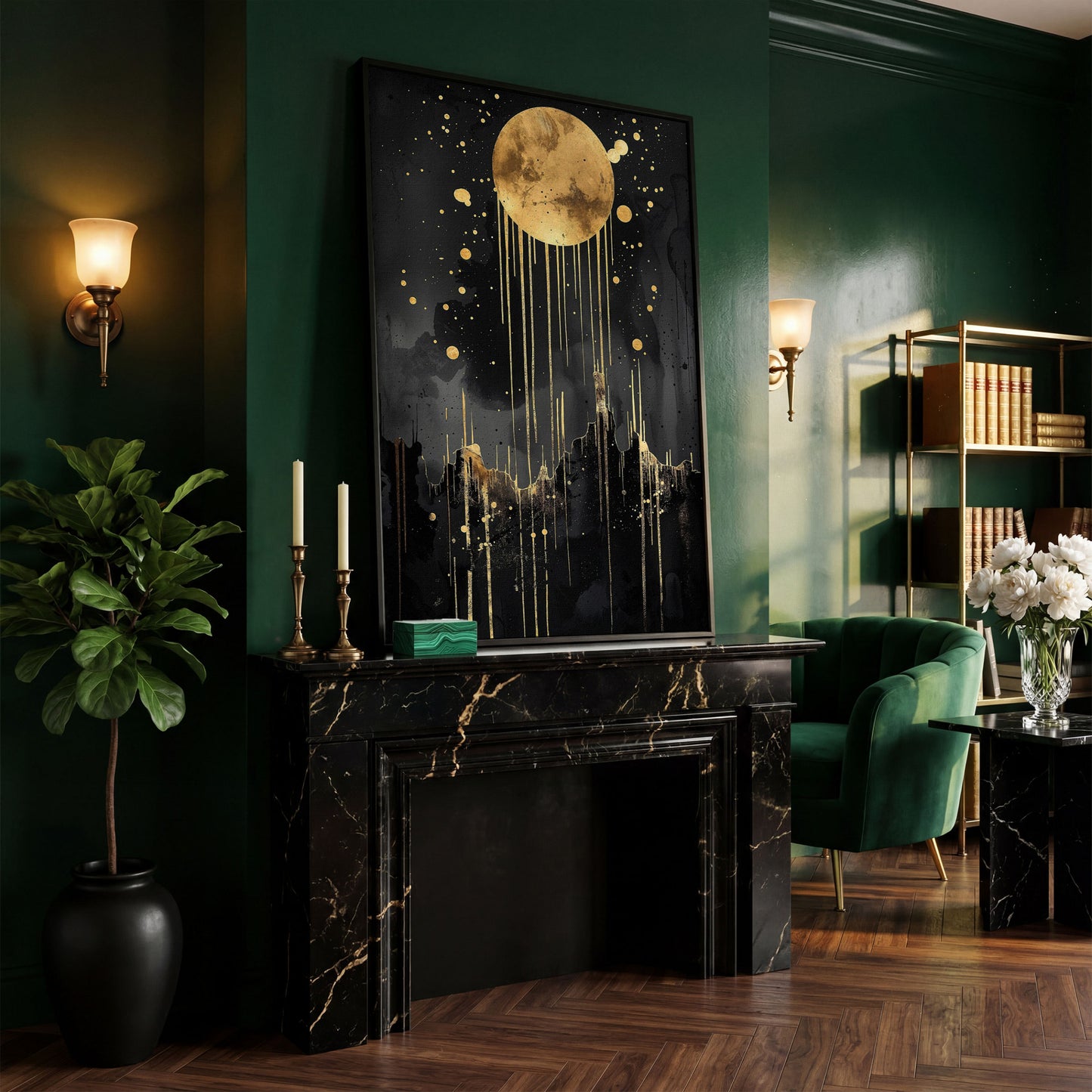 Abstract Gold Moon at Night Canvas Print in black floating frame