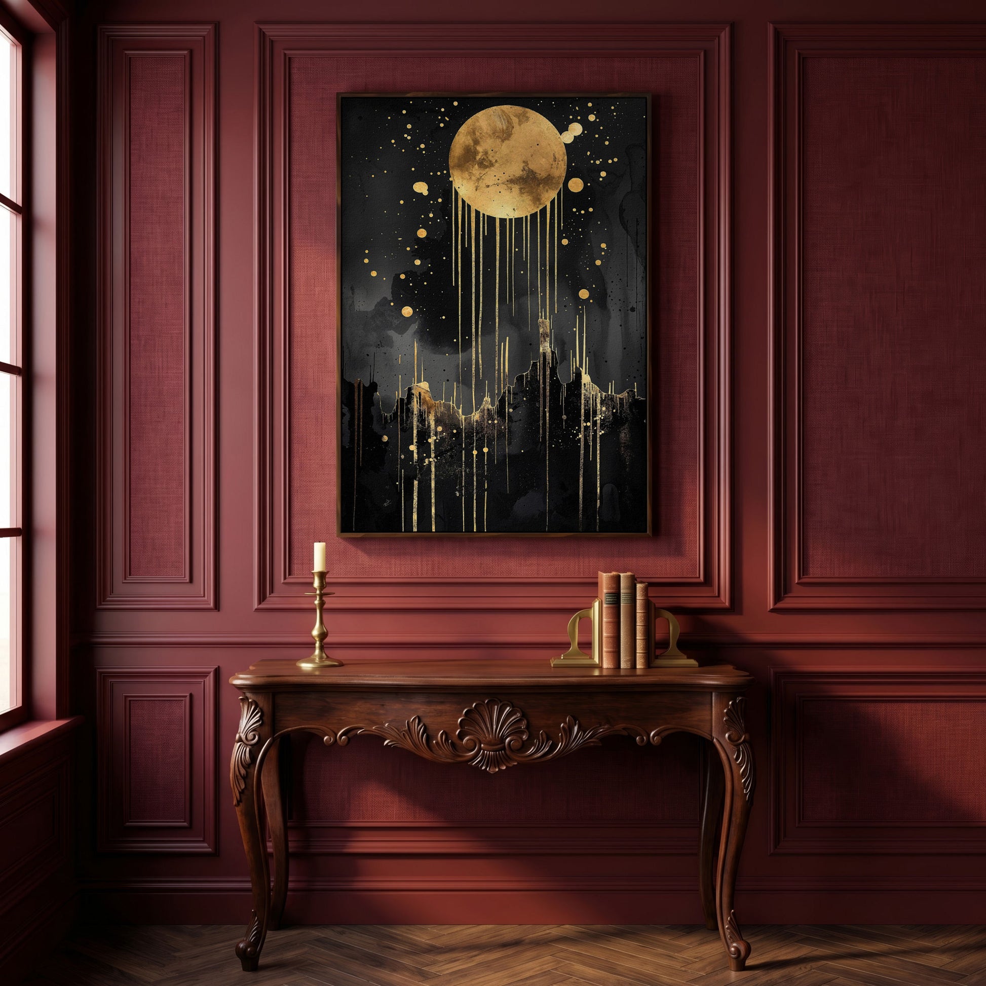Abstract Gold Moon at Night Canvas Print in dark walnut floating frame