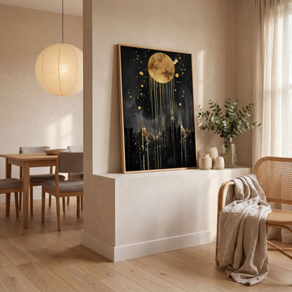Abstract Gold Moon at Night Canvas Print in white oak floating frame